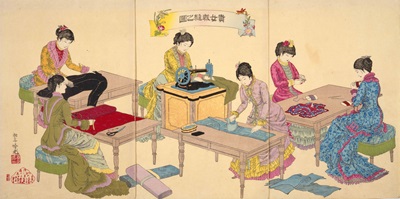 貴女裁縫之図（パネル）安達吟光/画　1887年（明治20）